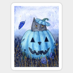 Blue Jack-o-lantern Cat Sticker